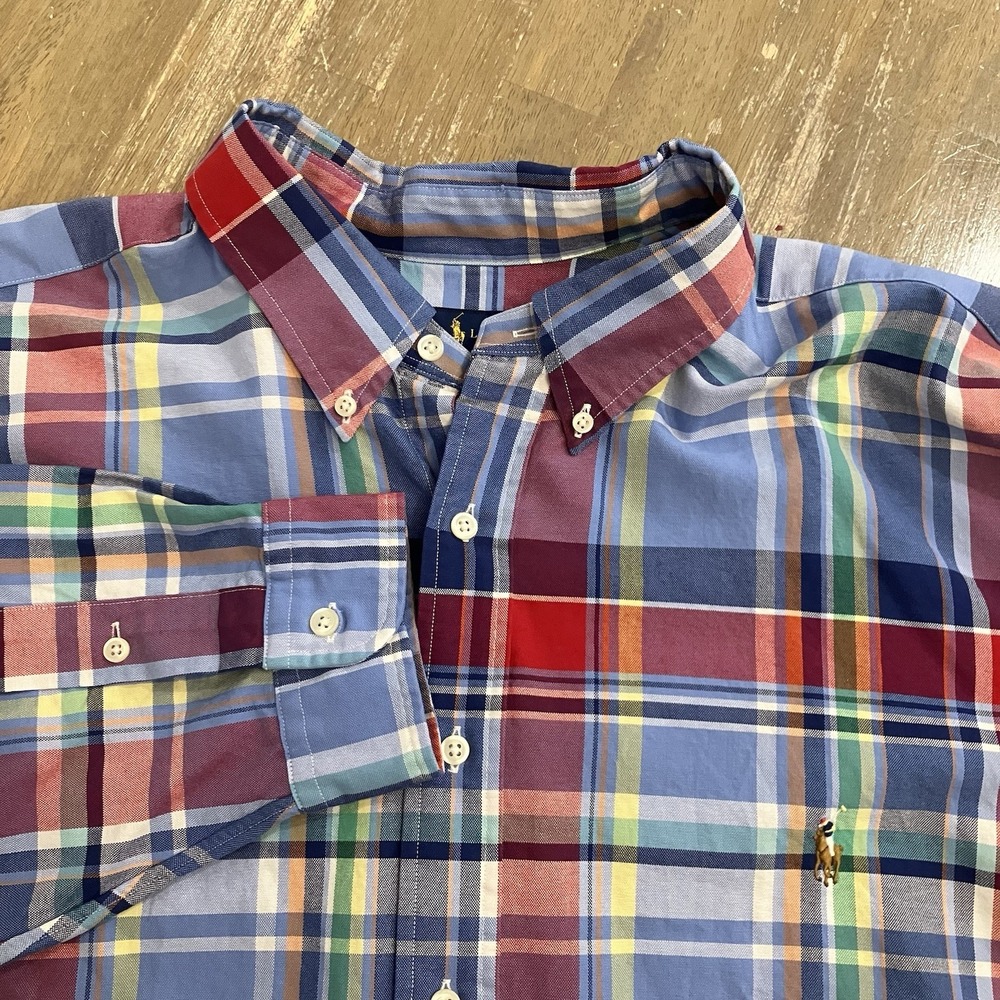Ralph Lauren‎ Men's Shirt 2XB Blue Plaid Oxford Cloth Long Sleeve Classic Red